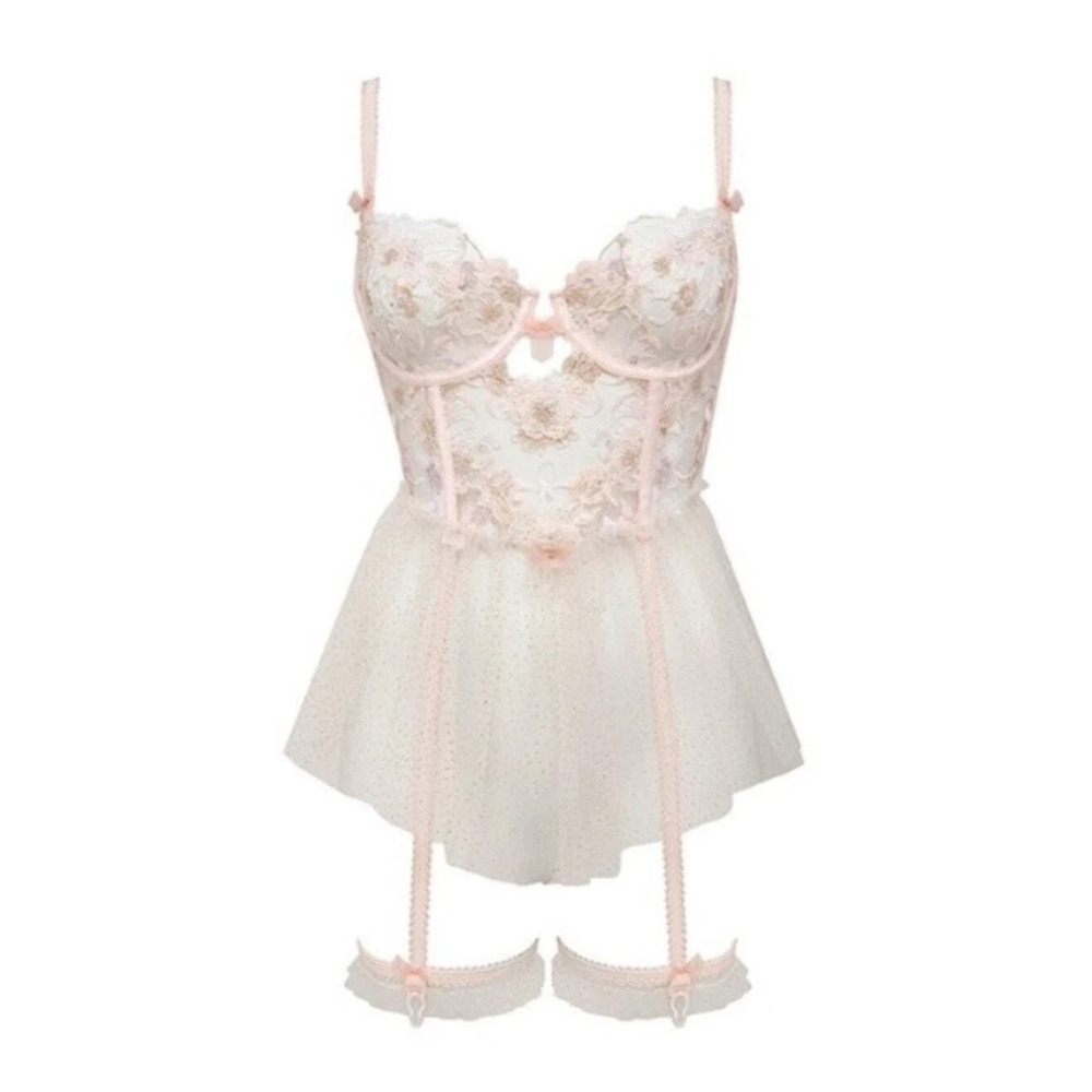 NWT For Love & Lemons Mae Teddy W/ Garters Babydoll Lingerie Pink Shimmer Med M - Picture 3 of 16